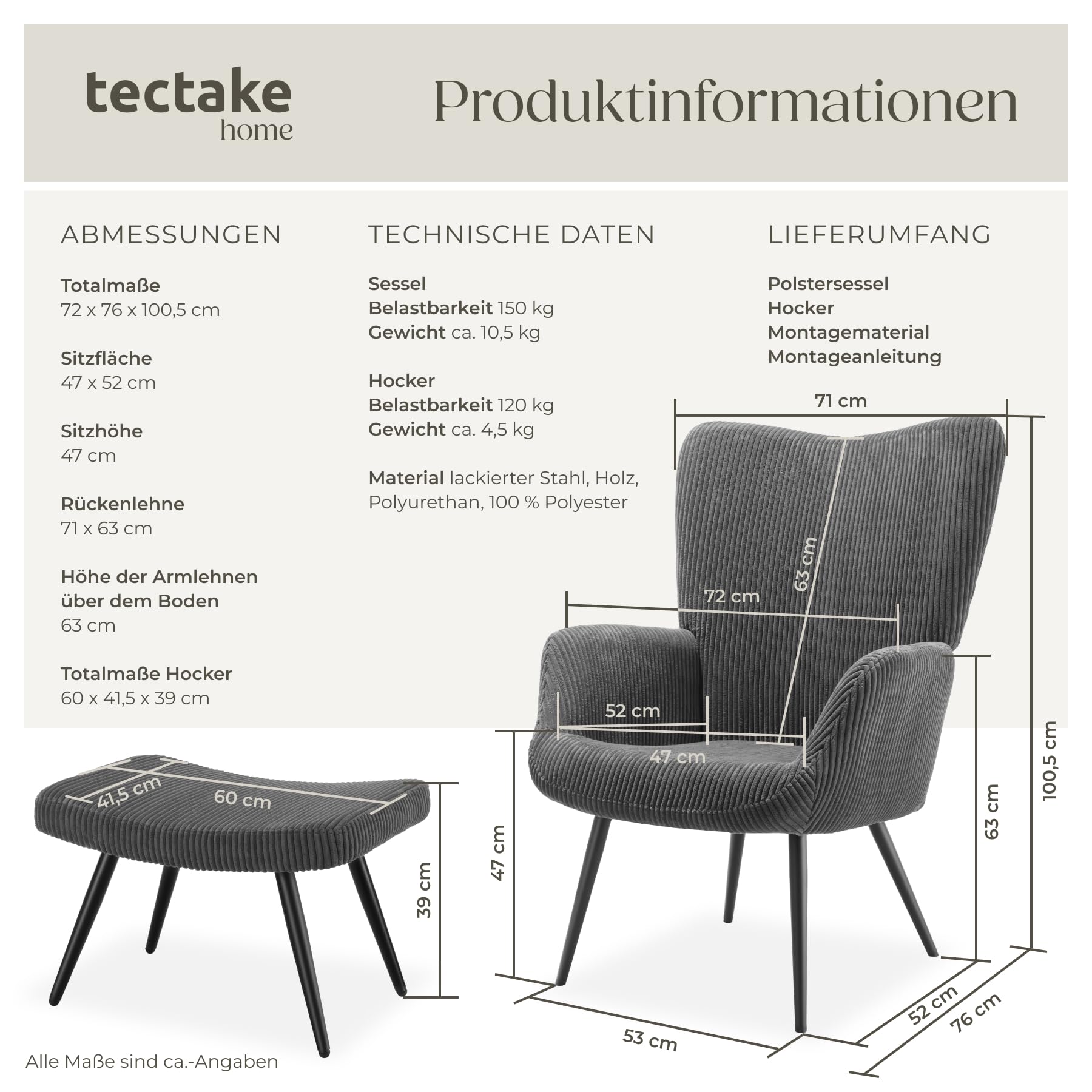tectake® Skandinavischer Stil Ohrensessel, Sessel Hygge mit Hocker, Breitcordbezug, Sessel Wohnzimmer, Schlafzimmer, Esszimmerstuhl, Statement Loungesessel, belastbar bis 150 kg - anthrazit/schwarz