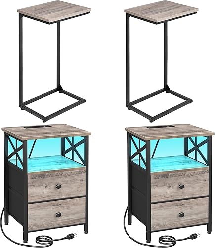 AMHANCIBLE Mesa auxiliar en forma de C, juego de 2 mesitas de noche LED, mesas auxiliares para sala de estar con estación de carga rápida