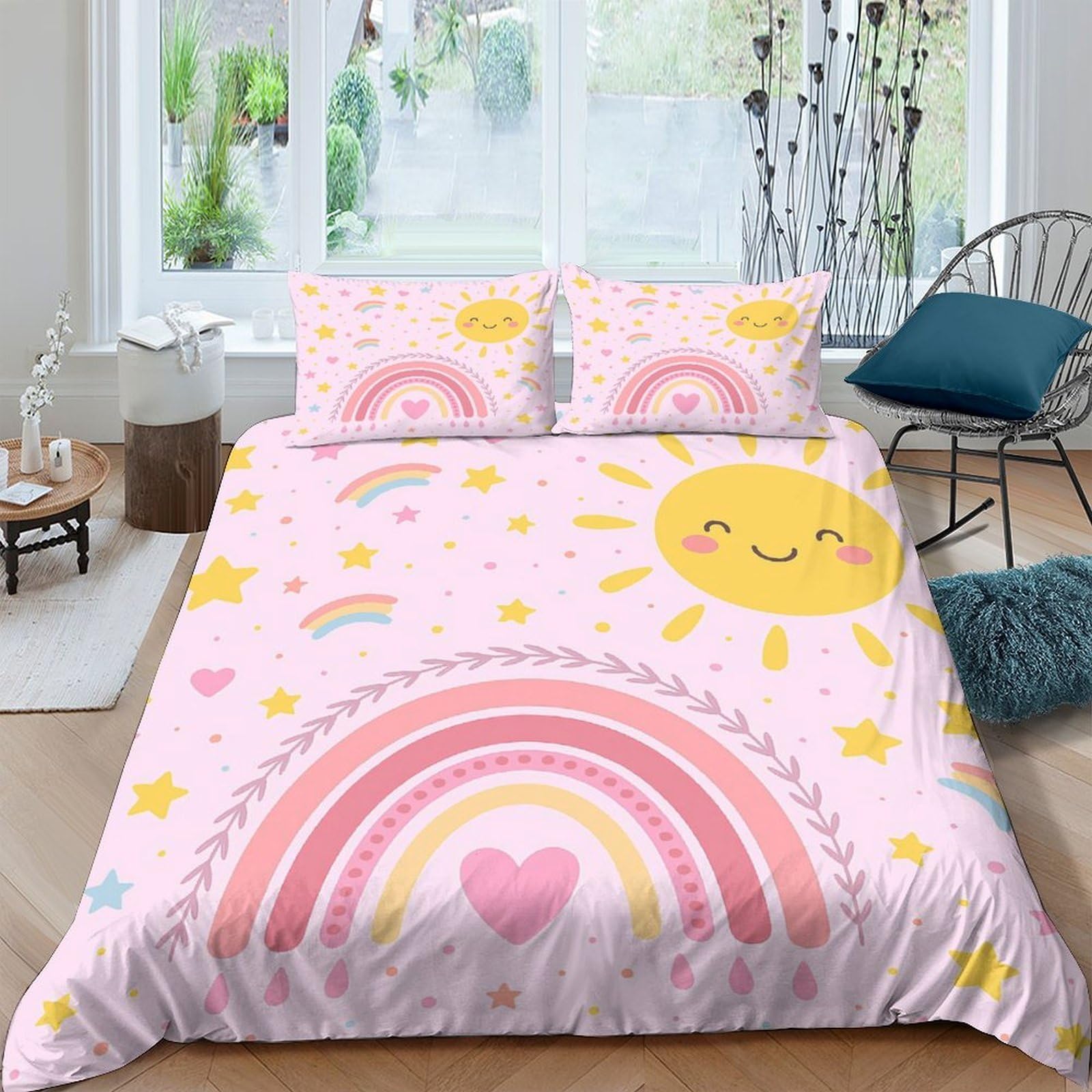 Ctjqhvkz Style-2 3D Printed Rainbow Sunshine Fitted Sheet Microfiber Pink Cartoon Heart Bed Cover For Bedroom Guest Room Decor Single（135X200cm）
