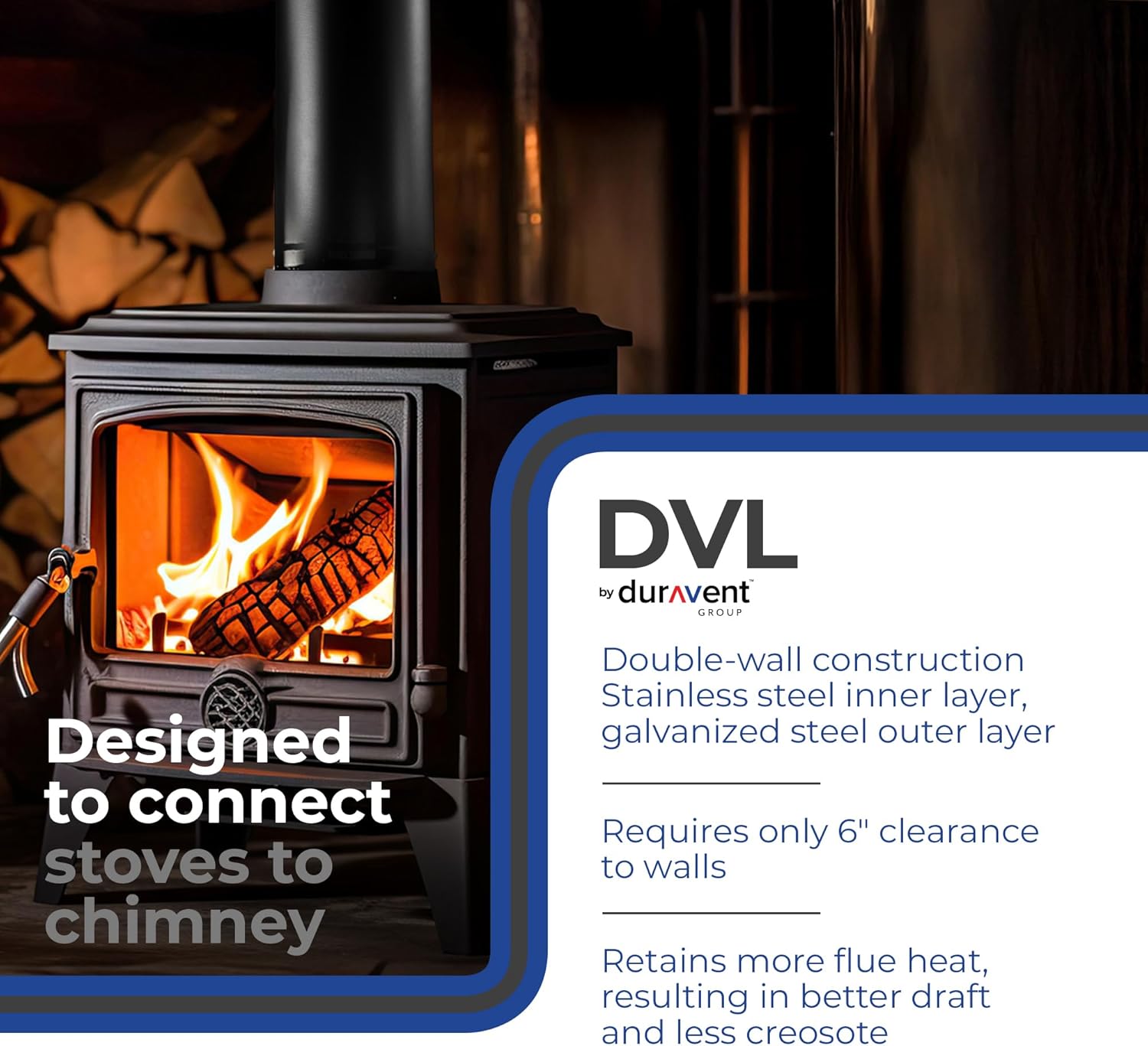 DuraVent DVL Double-Wall Chimney Stove Pipe, 6" x 48" - Galvanized Steel Vent and Exhaust Connector for Wood, Oil, Coal or Gas Stoves, Quick Install, Draft-Enhancing Venting Stovepipe