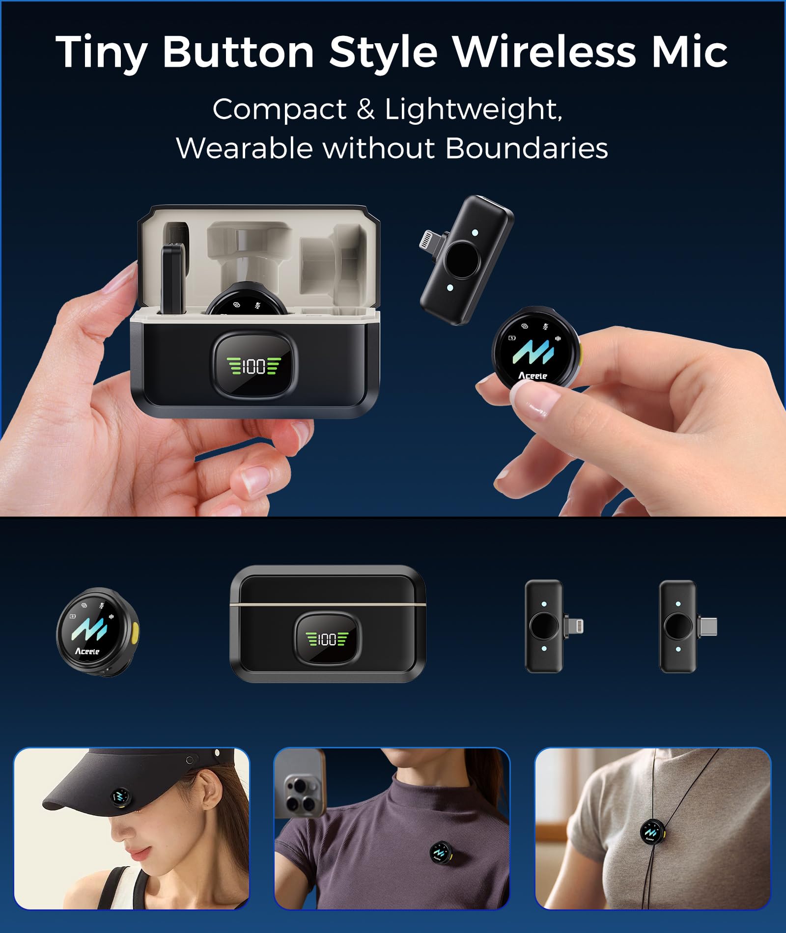 Aceele Microfono Lavalier Wireless Per iPhone/Android/Tablets/PC, Hi-Fi Audio, Anti-rumore, 24H, Portata 50M, Mini Microfono Wireless Magnetico Per Video/Live Streaming/Vlog/Podcast/Interviste