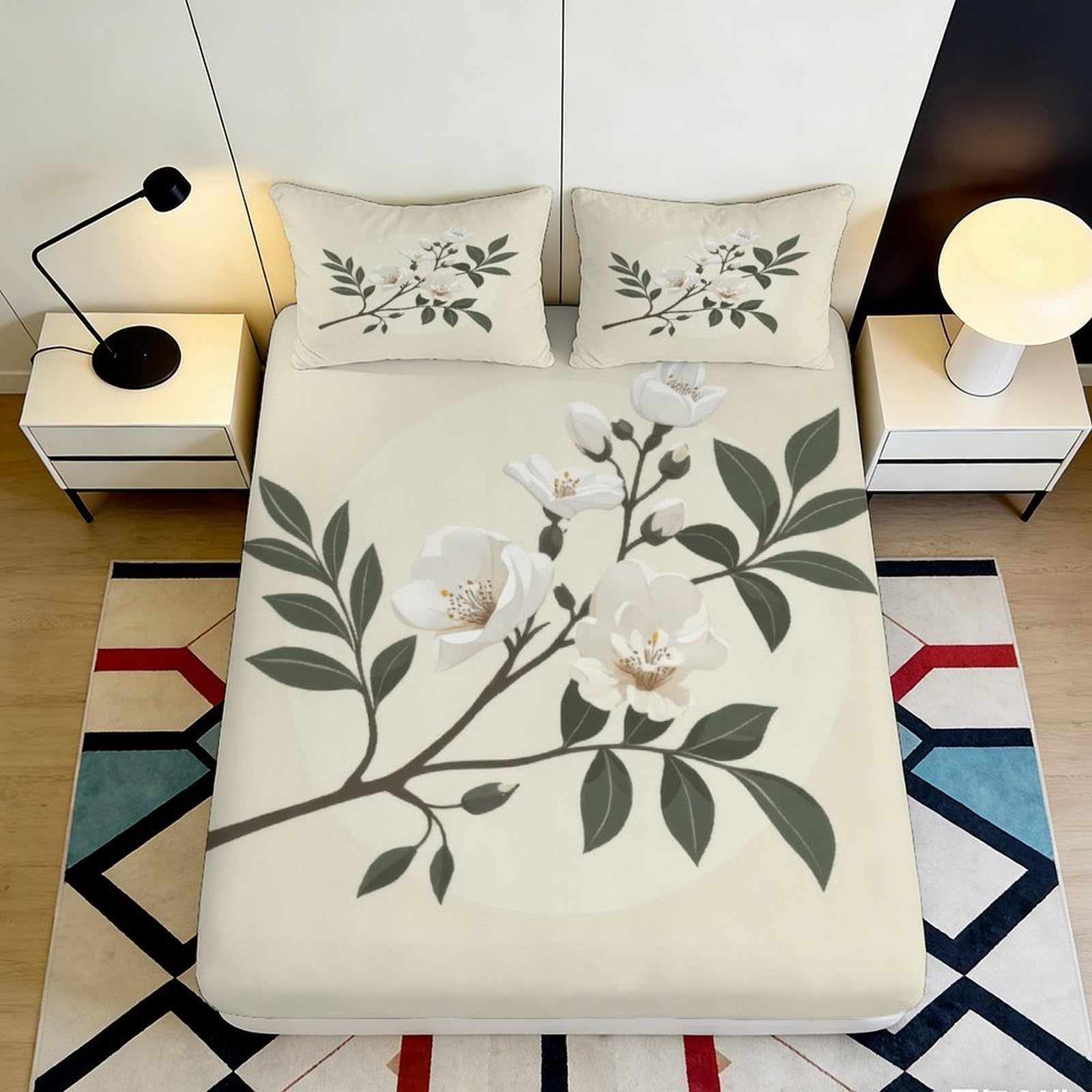 3D Printed Magnolia Floral Fitted Sheet Microfiber Soft Anti-Slip Leaf Branch Bed Cover for Bedroom Guest Room Decor 90x200x25cm