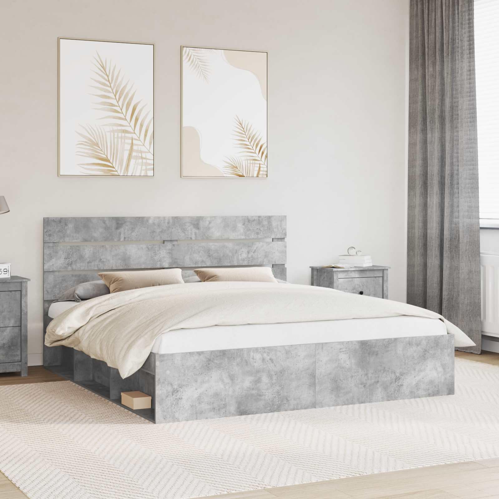 Bettrahmen mit Kopfteil Beton Optik 180x200 cm Holzwerkstoff, Bettgestell 180x200 mit massiver Kiefernholz-Kopfstütze, Stabiler Lattenrost für Moderne Schlafzimmer