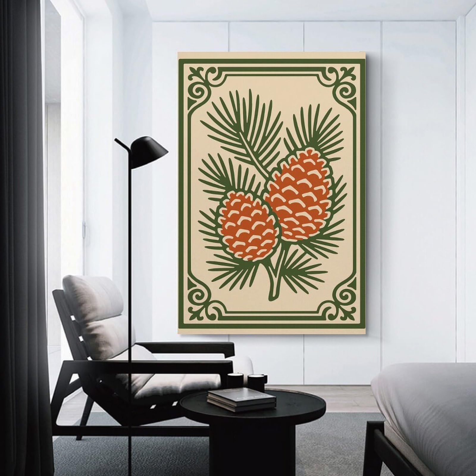 Junmoney Pine Cones Illustration with Decorative Border Canvas Wall Decor, 08x12inch(20x30cm), for New Homes, Bedrooms Or Workspaces, Gift Idea for Housewarming And Birthdays
