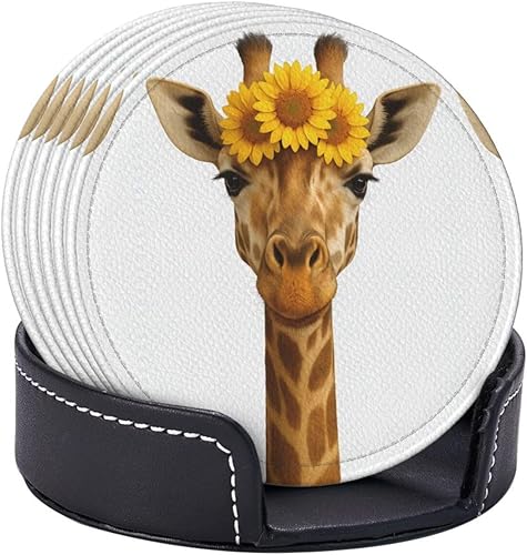 Miniatura 6 de Drink Coasters Set of 6, Sunflowers and Giraffe Printed PU Leather Round Coaster with Holder for Outdoor, Office, Bar, Funny Heat-Resistant Home