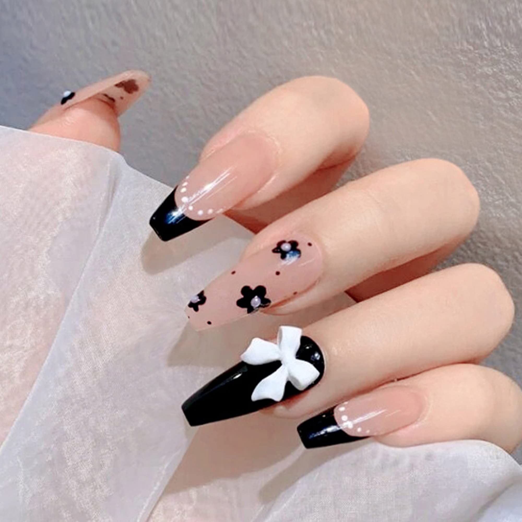 Amazon.com: FULZTEY French Coffin Press on Nails Glossy Pink Black Flower  Full Cover Medium Bowknot False Nails for Women Ballerina Nail Art DIY  Acrylic Fake Nail Tips Stick on Nails 24Pcs :