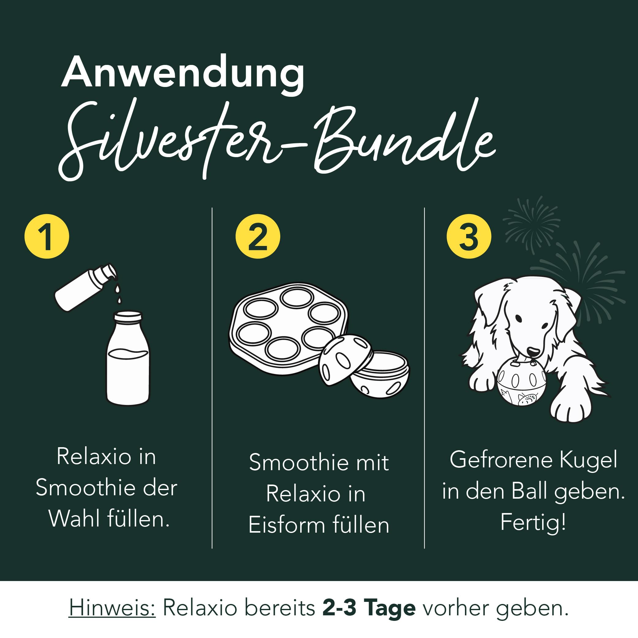 12er Klassik (4X Huhn, 4X Rind, 4X Lamm) + SmoothieDog Schleckball-Set + Relaxio Kräutertropen - Hundesmoothie, Silvester mit Hund, Hund entspannen