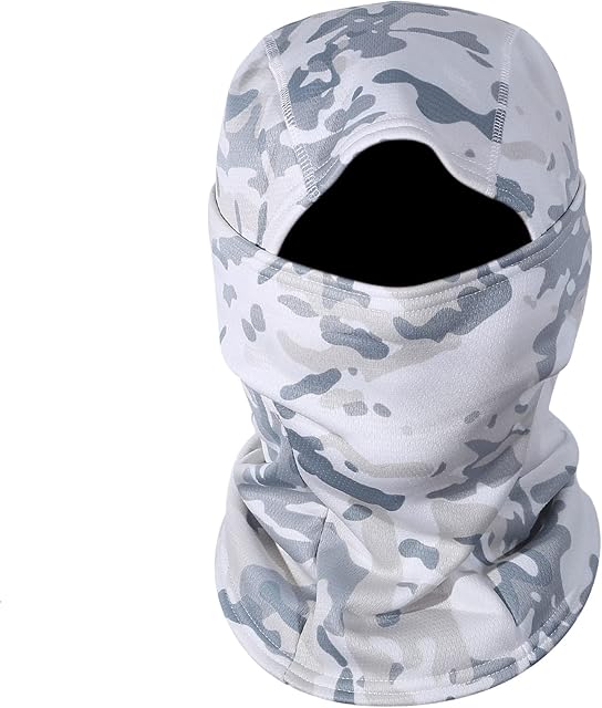 FOXBI Camo Balaclava Hood Hat For Men One Hole Full Face Mask Military Neck Warmer Breathable Hunting Helmet Tactical Headwear For Sports,Snow Color