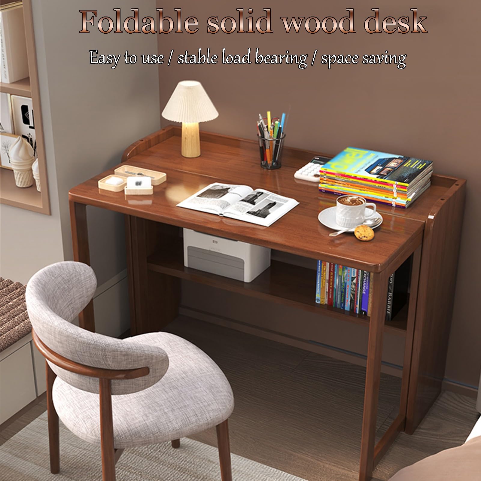 Solid Wood Foldable Desk | Multifunctional Study & Office Table for Bedroom, Home Use & Small Spaces Space-Saving Strong Load-Bearing Safe and Durable(Walnut Colored,115 * 57 * 78cm)