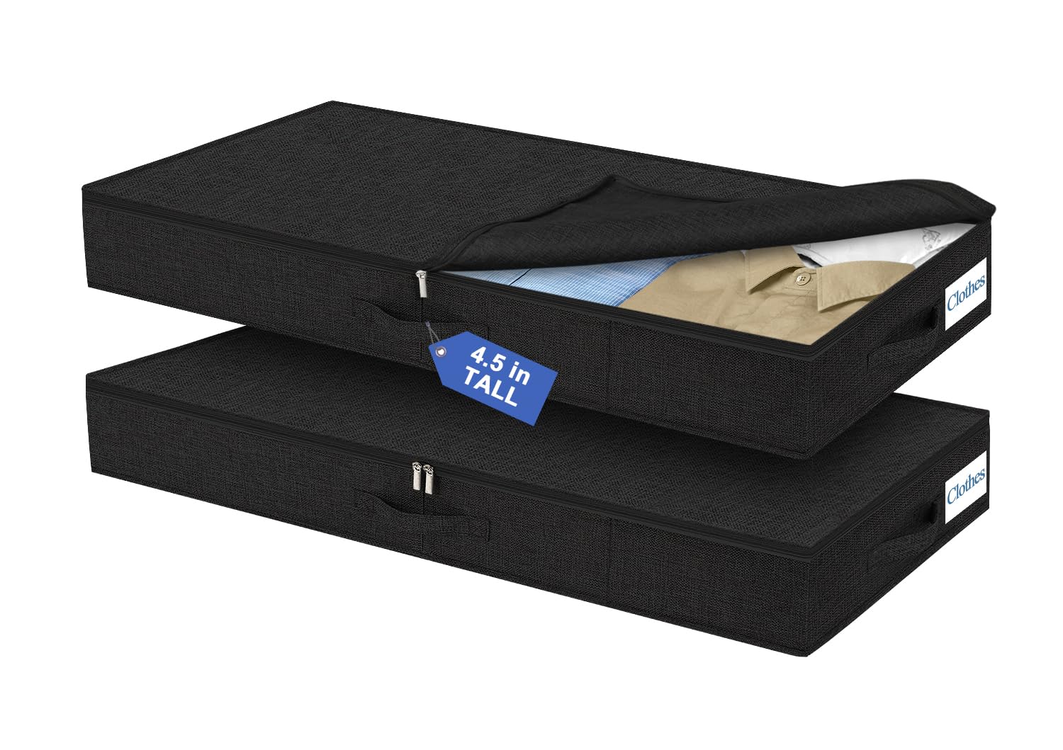 Cirhy Set di 2 scatole portaoggetti sotto il letto, altezza 11,4 cm, colore: nero
