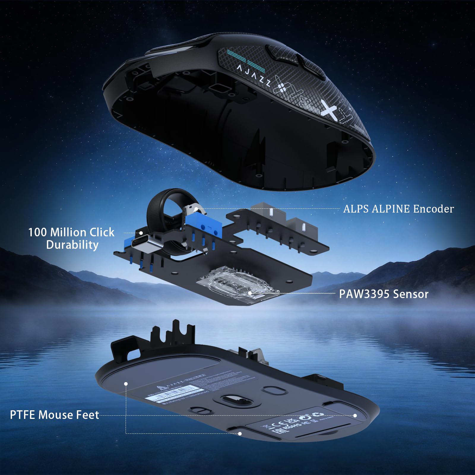 FREEWOLF X AJAZZ AJ159 V2 Ratón Gaming Inalámbrico, Batería Hot Swap, Triple Modo (2.4G/Bluetooth/Cableado), Sensor PAW3395, Ultraligero 54 g, Hasta 32000 DPI, Tasa de Sondeo 1000Hz (Nero-B)