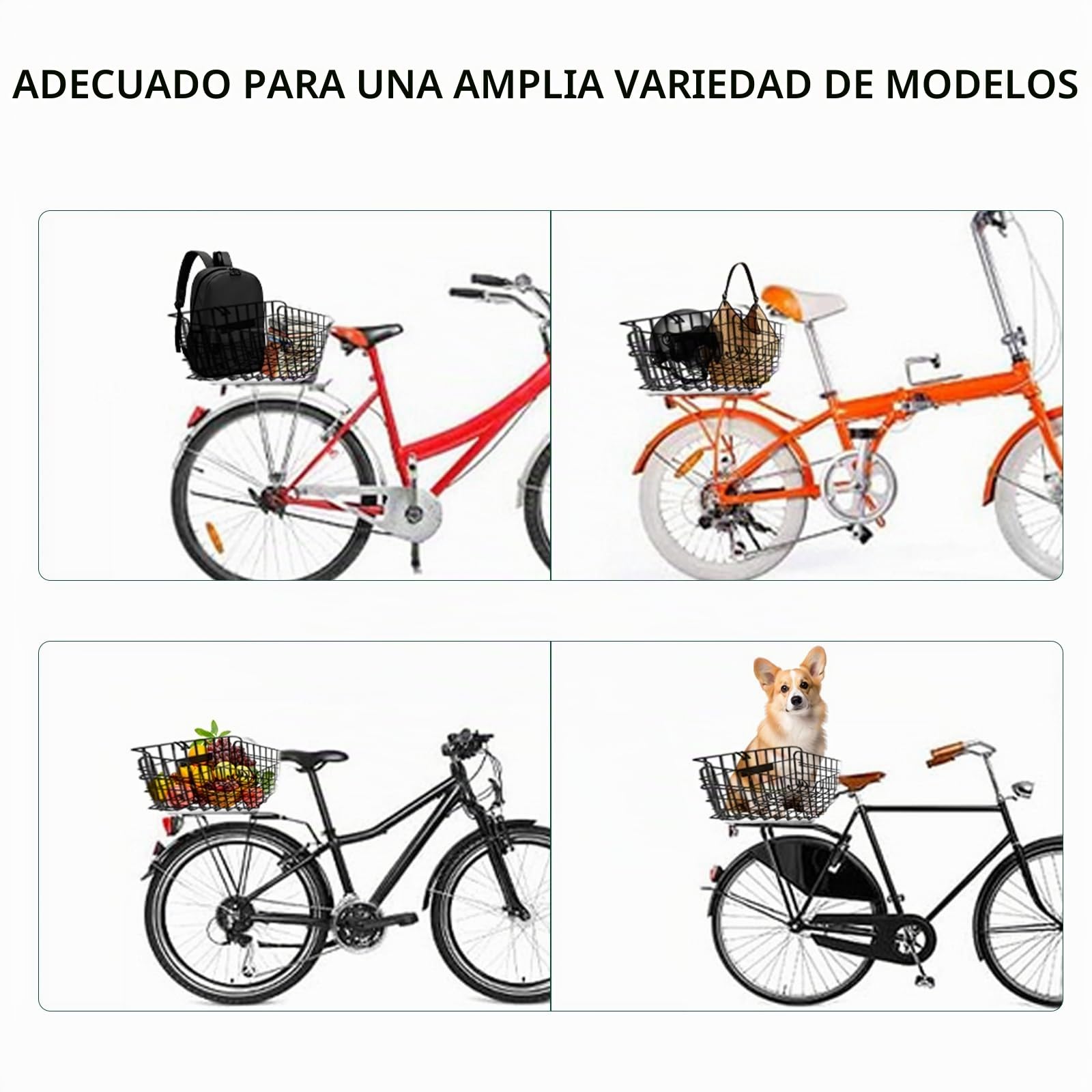 W&H Cesta trasera plegable para bicicleta, cesta de metal grande, plegable, cesta para bicicleta, portaequipajes trasero con accesorios de montaje, red para equipaje y reflector, cesta para bicicleta