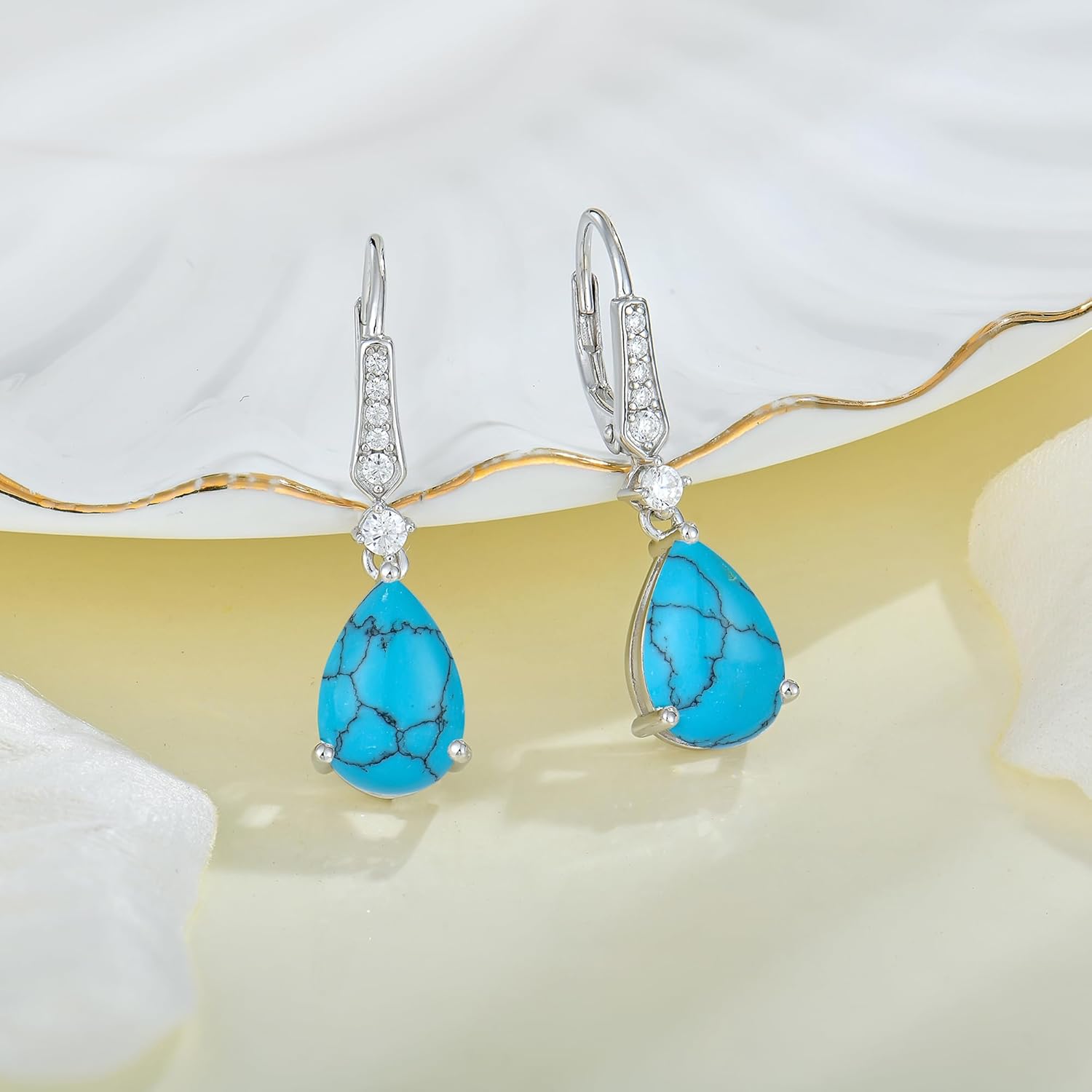 Turquoise Earrings 925 Sterling Silver Leverback Drop Dangle Earrings 5A Cubic Zirconia Jewelry for Women - Image 3