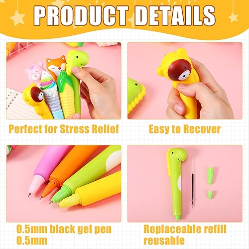 Miniatura 2 de PerKoop 40 bolígrafos blandos Kawaii con recambios para apretar, suministros escolares, suministros de tienda de animales de dibujos animados, tinta