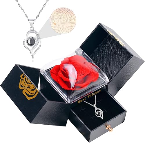 PICKBEAU Regalos para esposa novia cumpleaños collar con texto en inglés I Love You en 100 idiomas regalos de rosas preservadas para novia regalos