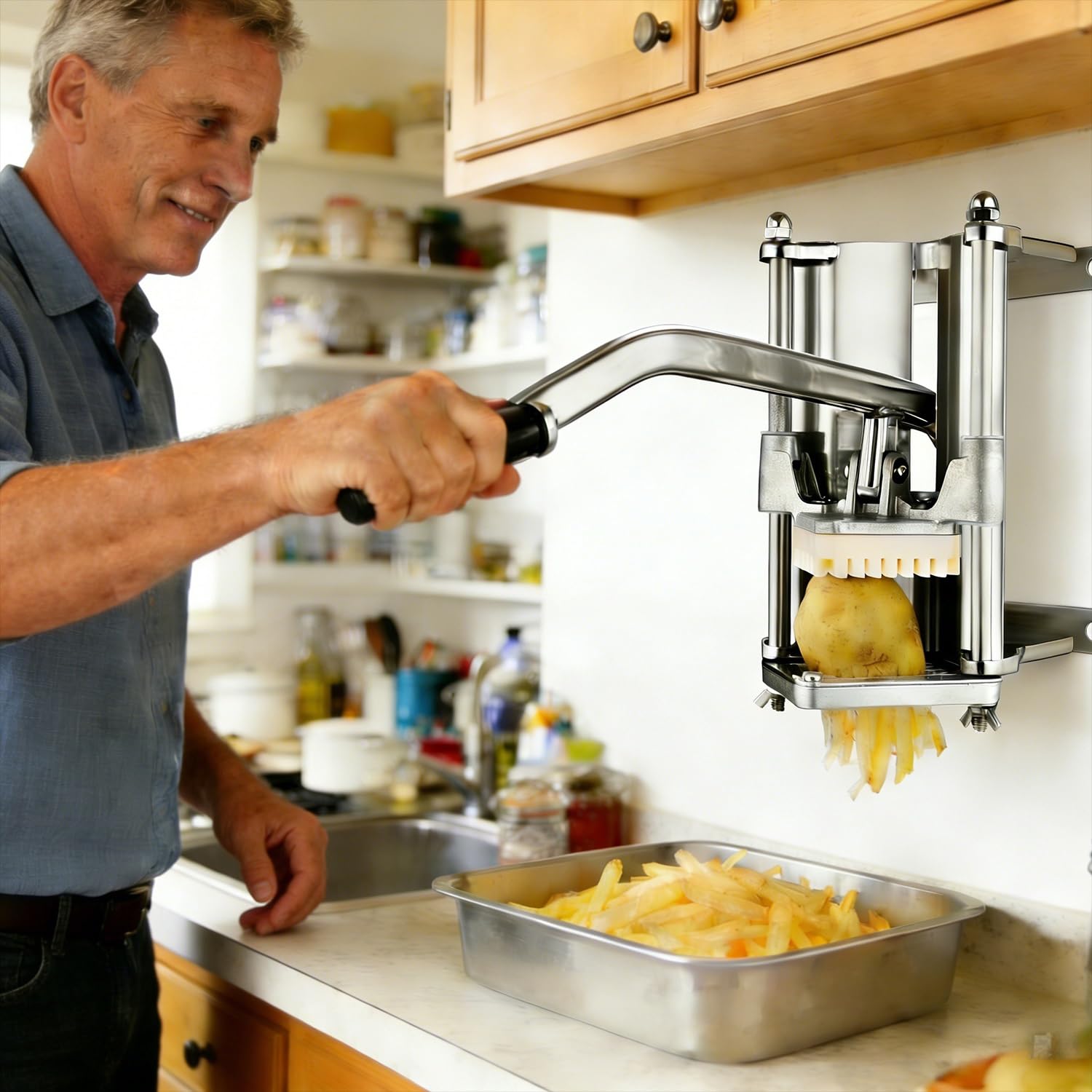 uyoyous Cortador de freír francés de acero inoxidable para montaje en pared comercial de patatas cortador de frutas y verduras Chopper con 1/2 pulgadas, 3/8 pulgadas, 1/4 pulgadas cuchillas