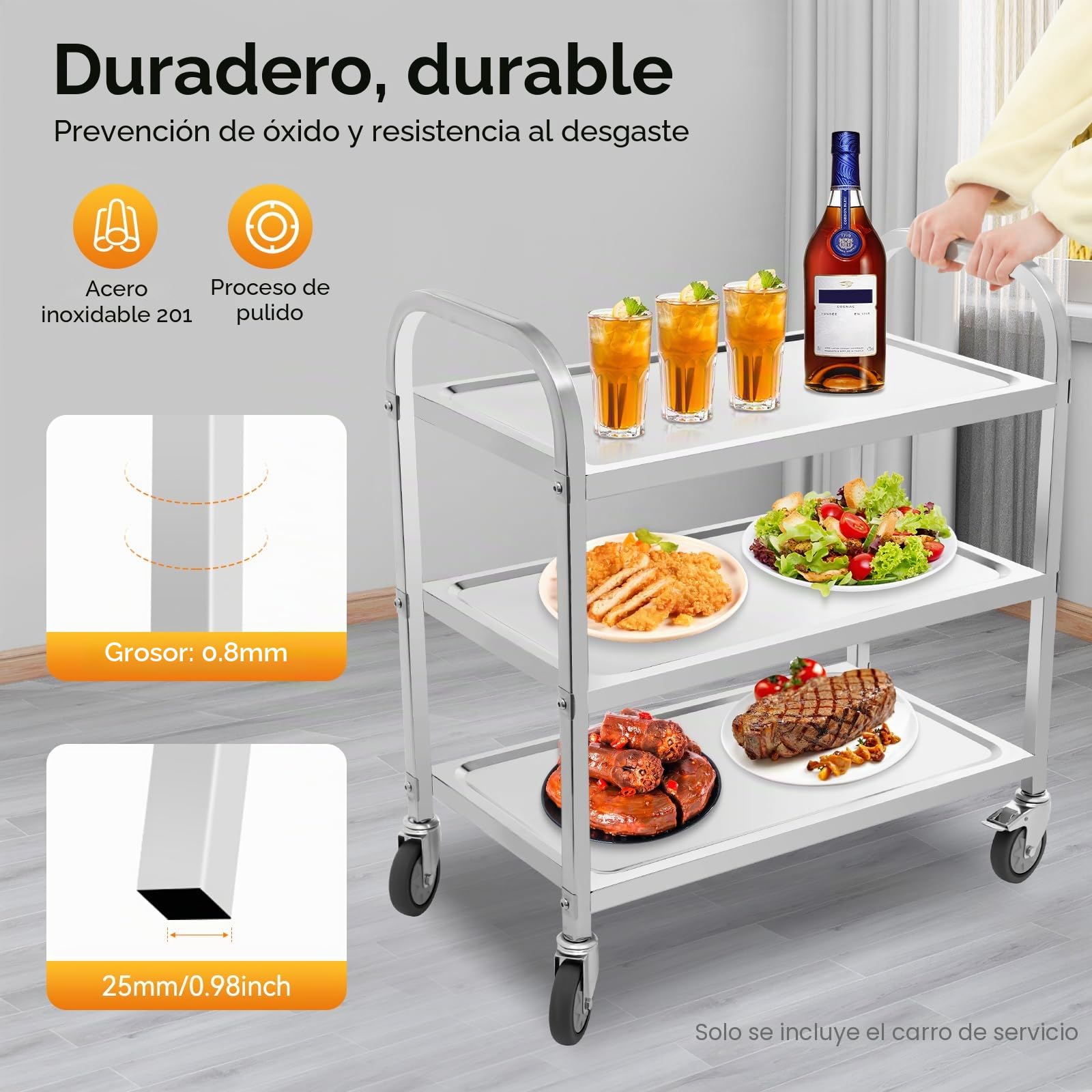 Carro de cocina de acero inoxidable de 3 niveles con asa, carrito de servicio con ruedas con freno, estante de cocina máx. 60 kg, carrito multifuncional para comedor, salón, hotel