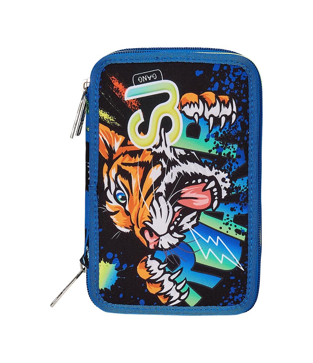 SJ GANG STYLE JAM GANG Astuccio Scuola 3 Zip, Blu, Cuccioli di SJ, Portapenne Triplo Scomparto Completo Di Penne, Matite, Colori, Accessori Zaino, Elementari, Medie, Bambino