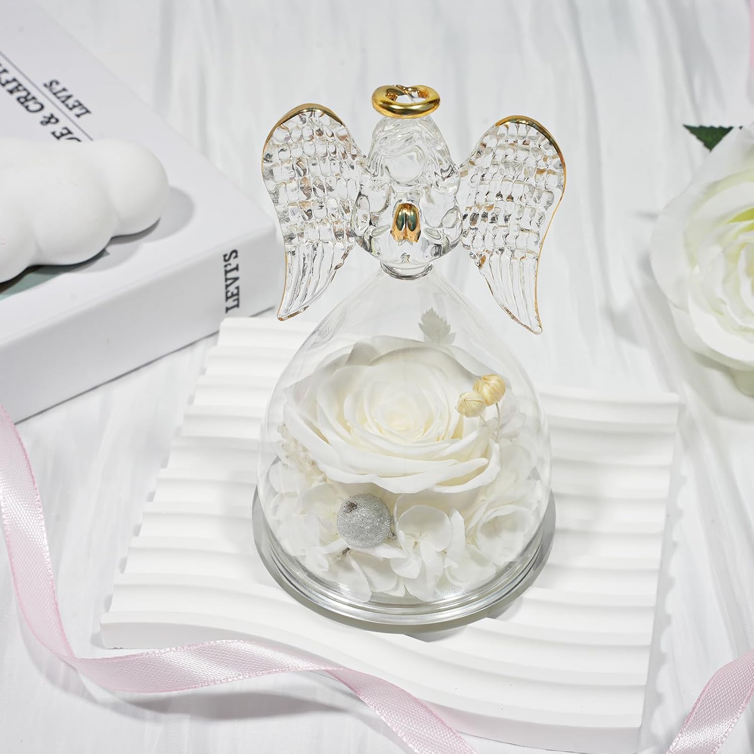 Sunia Valentines Day Rose Gifts for Women, Birthday Gifts for Mom Grandma, Forever Preserved Flower in Glass Angel Figurines Flowers for Delivery Prime, Mothers Day Real Roses for Her Wife - Image 7
