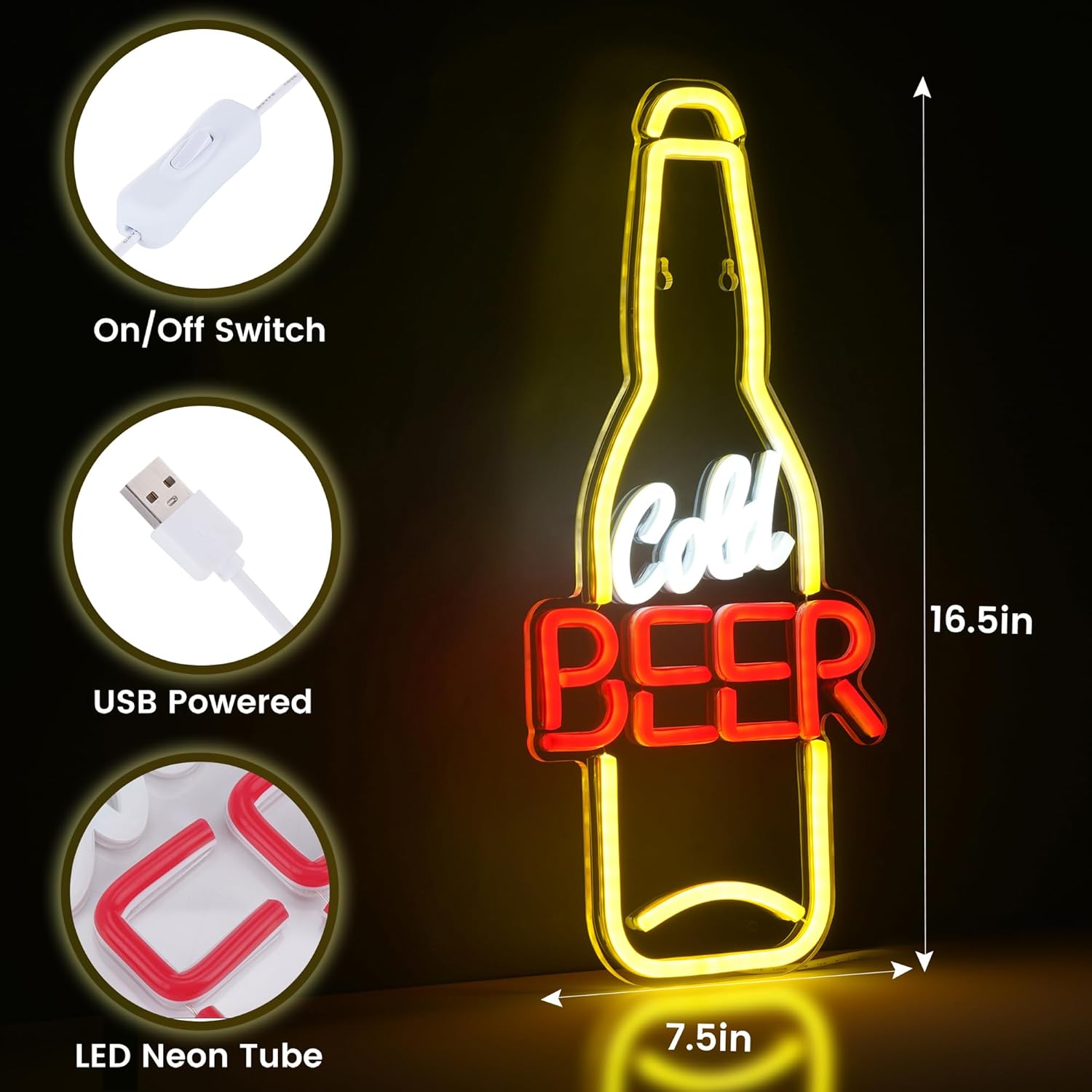 Kavaas Cold Beer Neon Sign 16.5" x 7.5", Beer Bottle Shaped LED Sign for Man Cave, Home Bar, Pub, Wall Decor - Best Gifts for Beer Lovers, Birthday, Christmas - Image 3