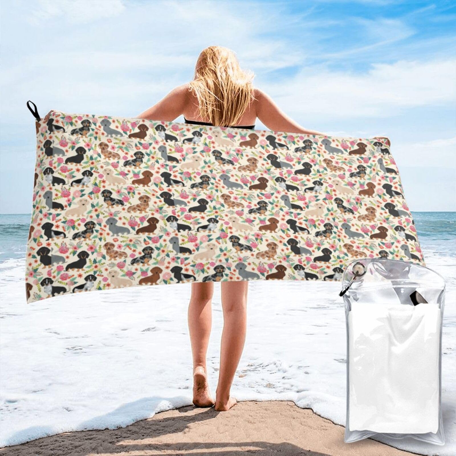 FHIZOAL Dachshund Floral Quick Dry Towel Microfibre Towel Super Absorbent Ultra Compact Gym Sports Beach Camping Travel
