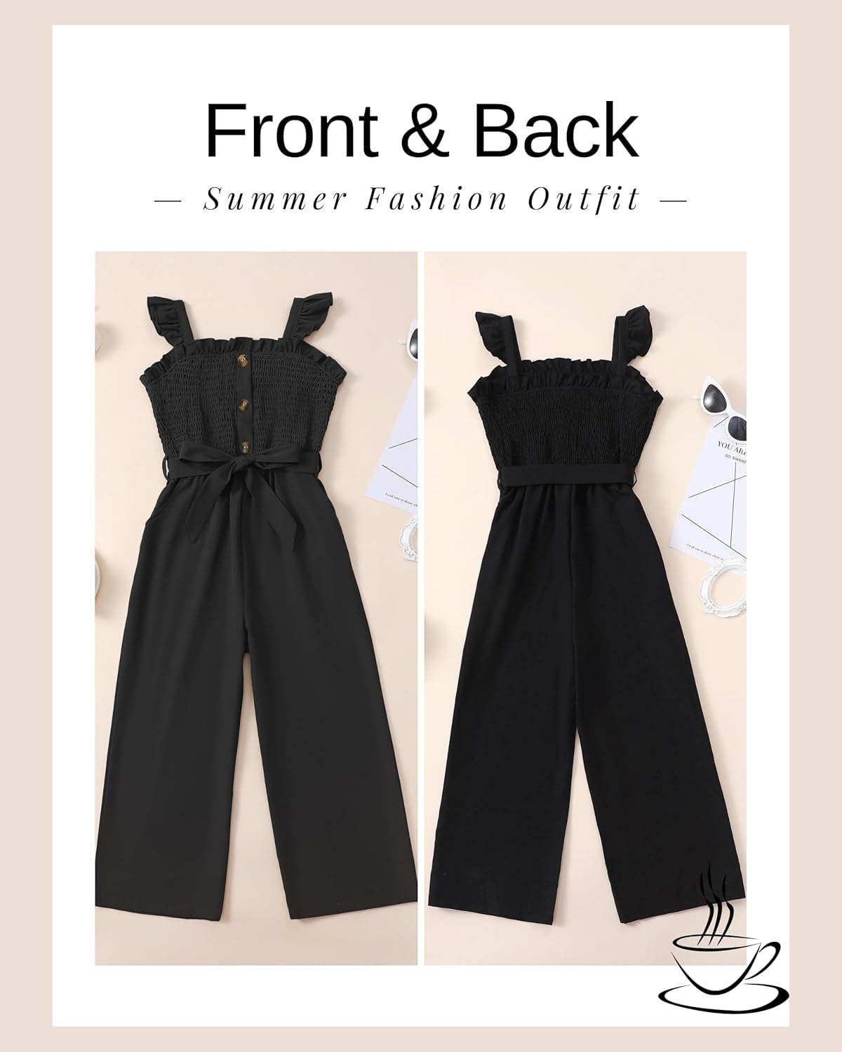 Girls Jumpsuit Kids Clothes Fashion Ruffle Sleeveless Wide Leg Belted Romper Smocked Summer Outfits with Pockets - Image 3