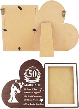 50th Anniversary Golden Wedding Gift, Heart-Shaped Photo Frame, 4 x 6 Size, Wooden Finish