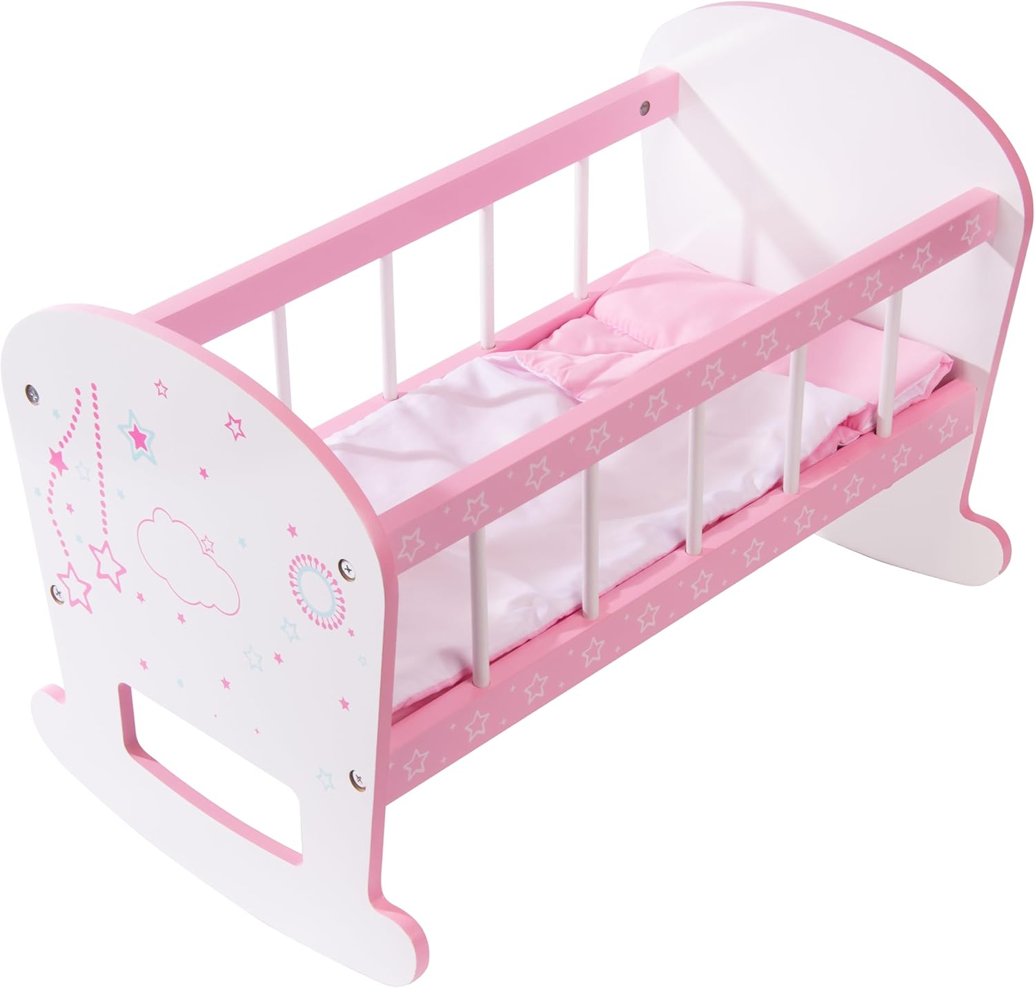 Baby Doll Crib Toy Wooden Play Rocking Cradle for Dolls | with Mattress Pillow & Blanket for 18” Doll