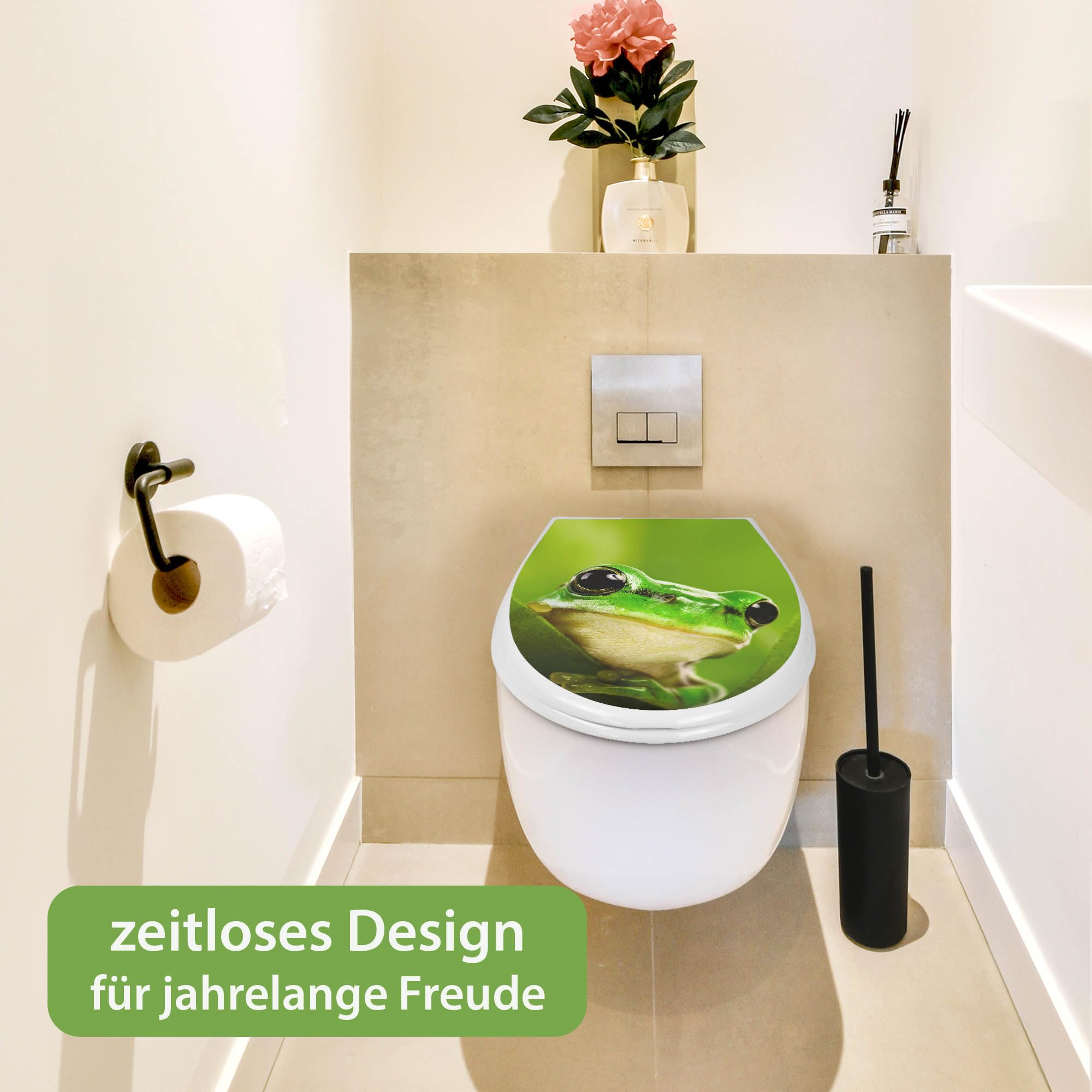 banjado Familien WC Sitz mit Absenkautomatik 44,9x37,1cm - Klobrille mit Kindersitz aus hochwertigem Polypropylen - Toilettendeckel mit Kinder Toilettensitz integriert - Motiv Frosch