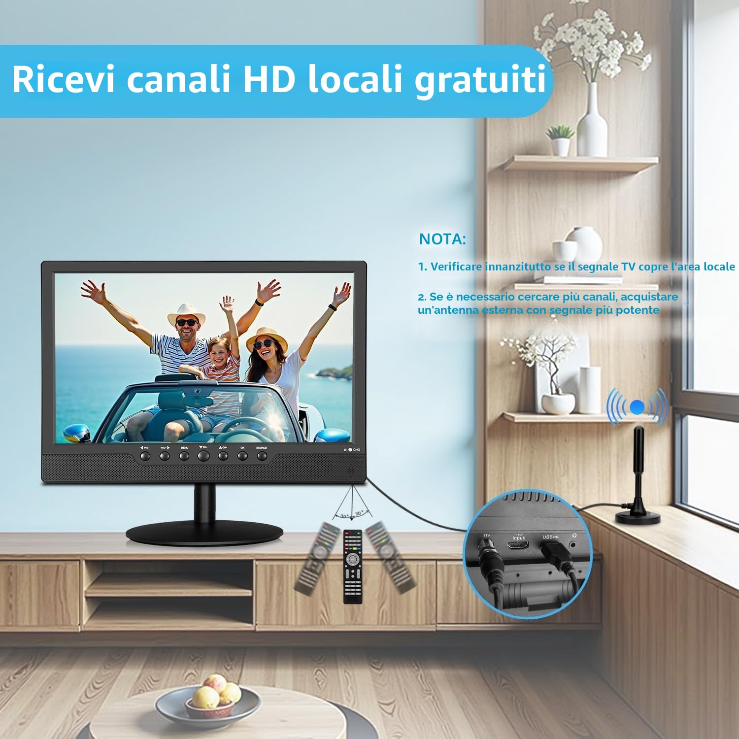 KCR TV portatile 14,0 pollici digitale DVB-T2, Freeview, batteria ricaricabile, porta USB, presa per cuffie, telecomando, ingresso AV, ingresso HDMI, HEVC Main 10