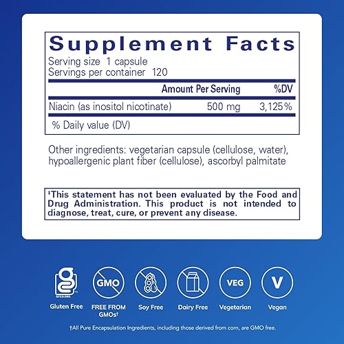 Miniatura 2 de Pure Encapsulations Niacitol 500 mg  Niacina hipoalergénica sin descarga para apoyar la digestión la síntesis hormonal y la formación de tejidos