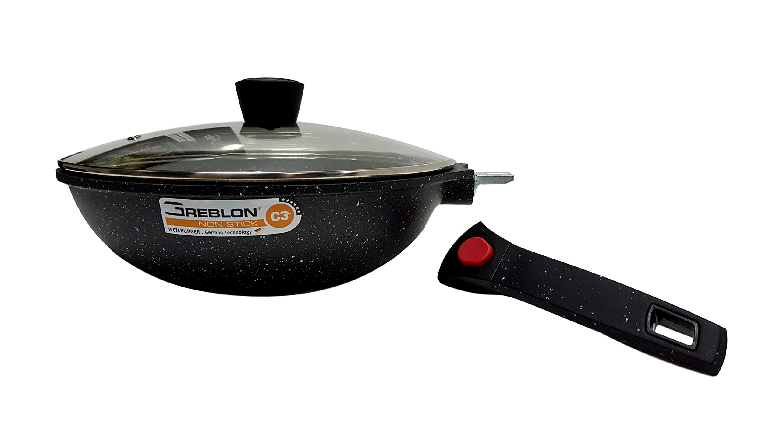 Poêle Wok GREBLON 28cm Pierre Anti-Adhérente Avec Couvercle - Tous Feux Dont Induction, Manche Amovible