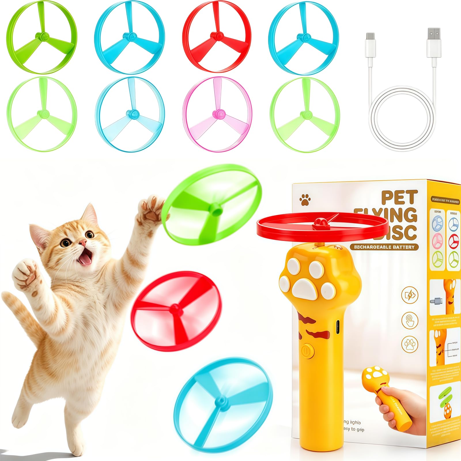 ZKDQB Cat Fetch Toy, Rechargeable Cat Toy Flying Disc Launcher with 8 Flying Discs, Interactive Cat Toys, Flying Toys Cat Enrichment Toys for Indoor Bored Kittens & Adult Cats