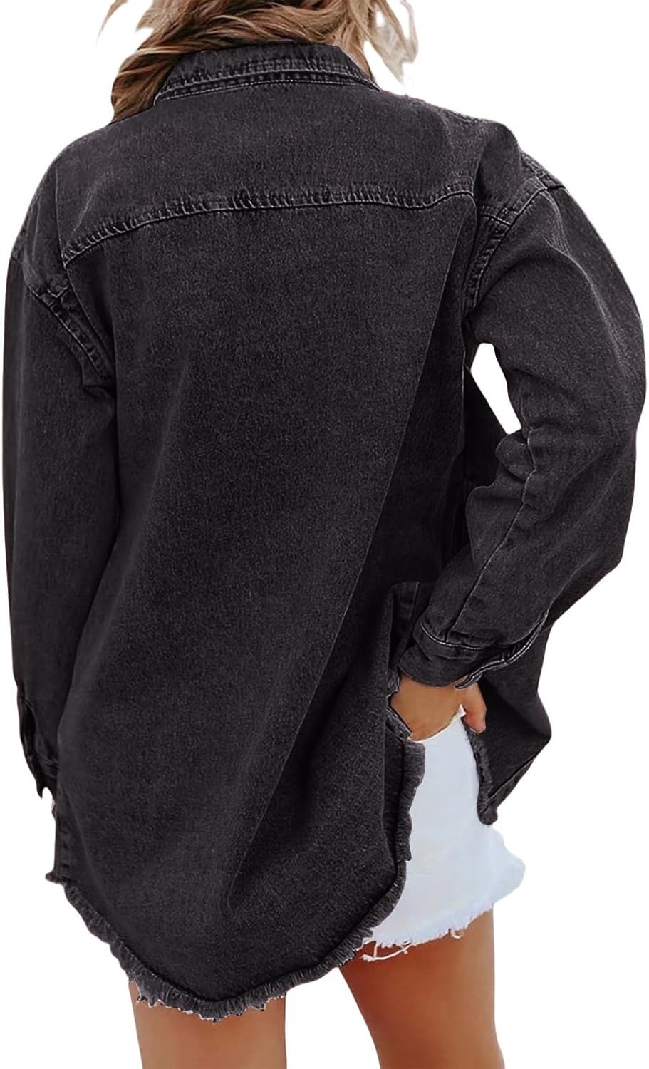 Oversized Denim Jacket Women Plus Size Distressed Hem Jean Jackets Lightweight Cotton Shacket Boyfriend Shirt Jacket - Image 3