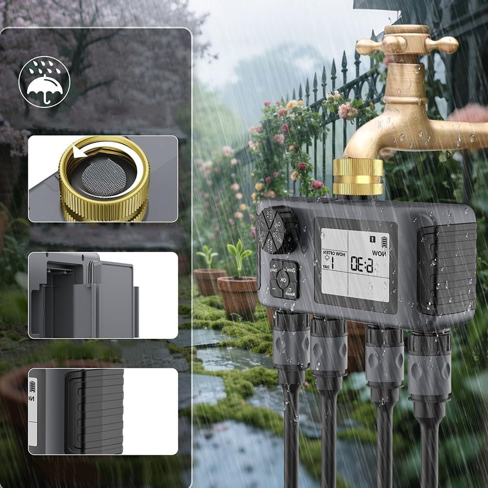 Timer automatico per irrigazione da giardino, quattro per regolatore di irrigazione a zona con sistema di irrigazione multi uscita, ritardo della pioggia per programma di irrigazione delle piante su
