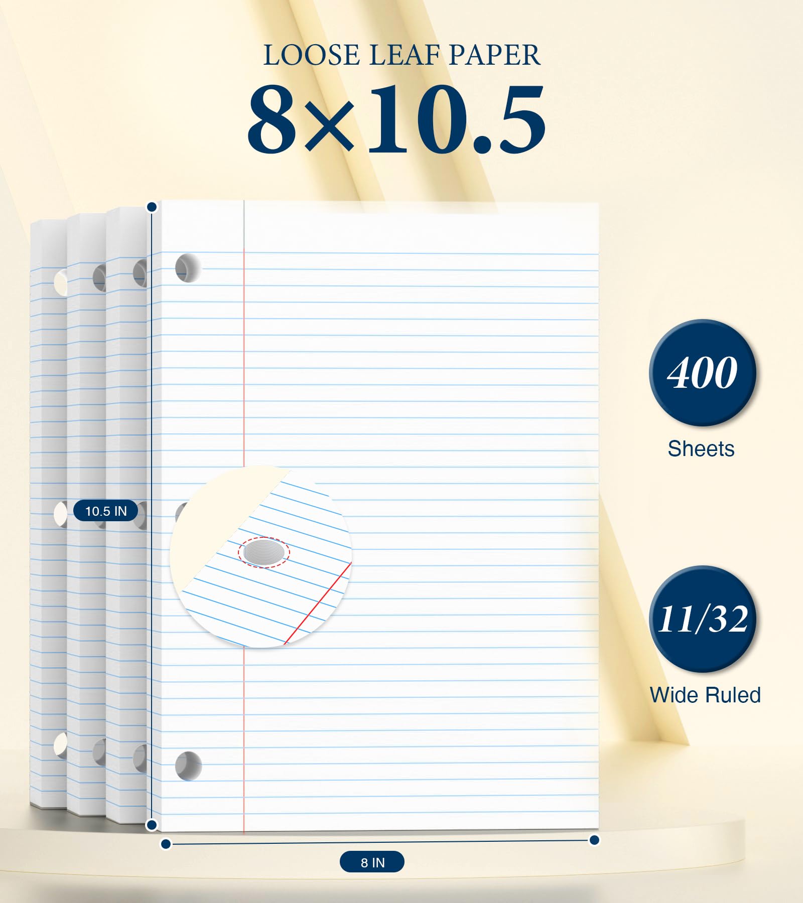 Papel de hojas sueltas con rayas universitarias, papel de perforación de 3 agujeros de 8 x 10.5 pulgadas, papel de cuaderno reforzado para carpetas de 3 anillos, papel rayado universitario, 100