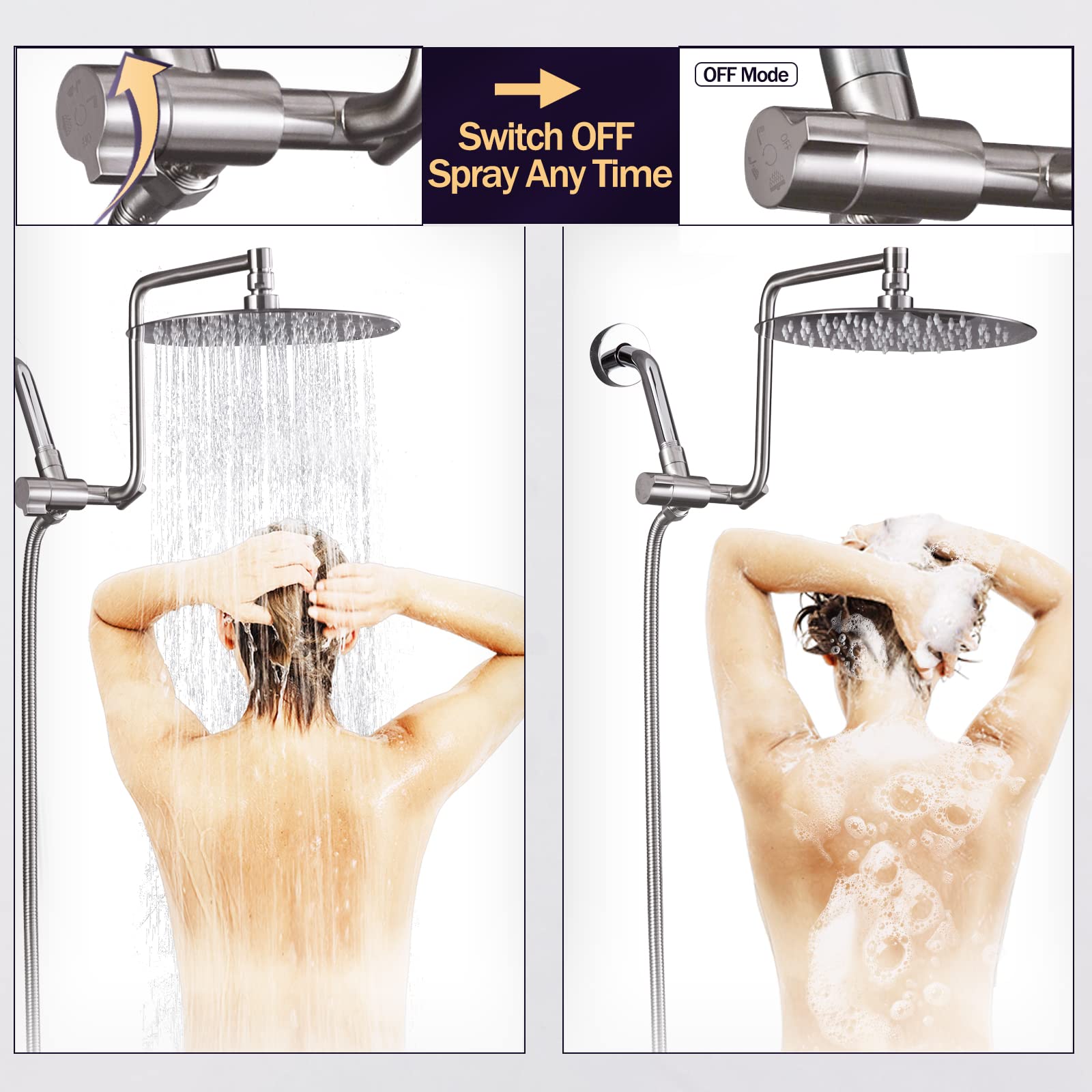 Rain Shower Head Combo, 10'' High Pressure Rainfall Shower Head Sprayer, Handheld Shower Head with Shower Holder, Extension Arm, Bathroom Upgrade, Brushed Nickel