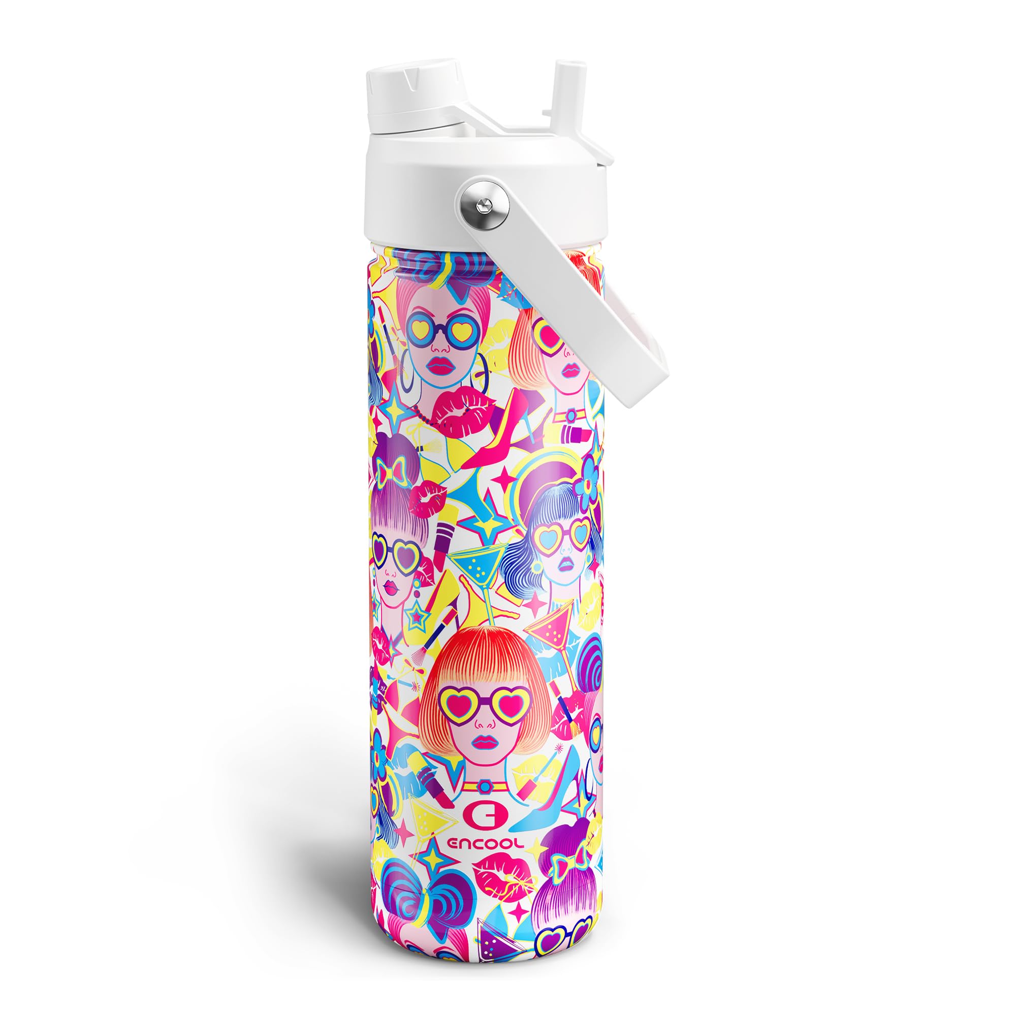 ENCOOL Insulated Water Bottle with Straw Stainless Steel Water Bottle, Leak-Proof, BPA-Free, Double Wall Vacuum Keeps Cold for 24 Hours for Sports, Travel, School (26 oz, Vivid Icon)