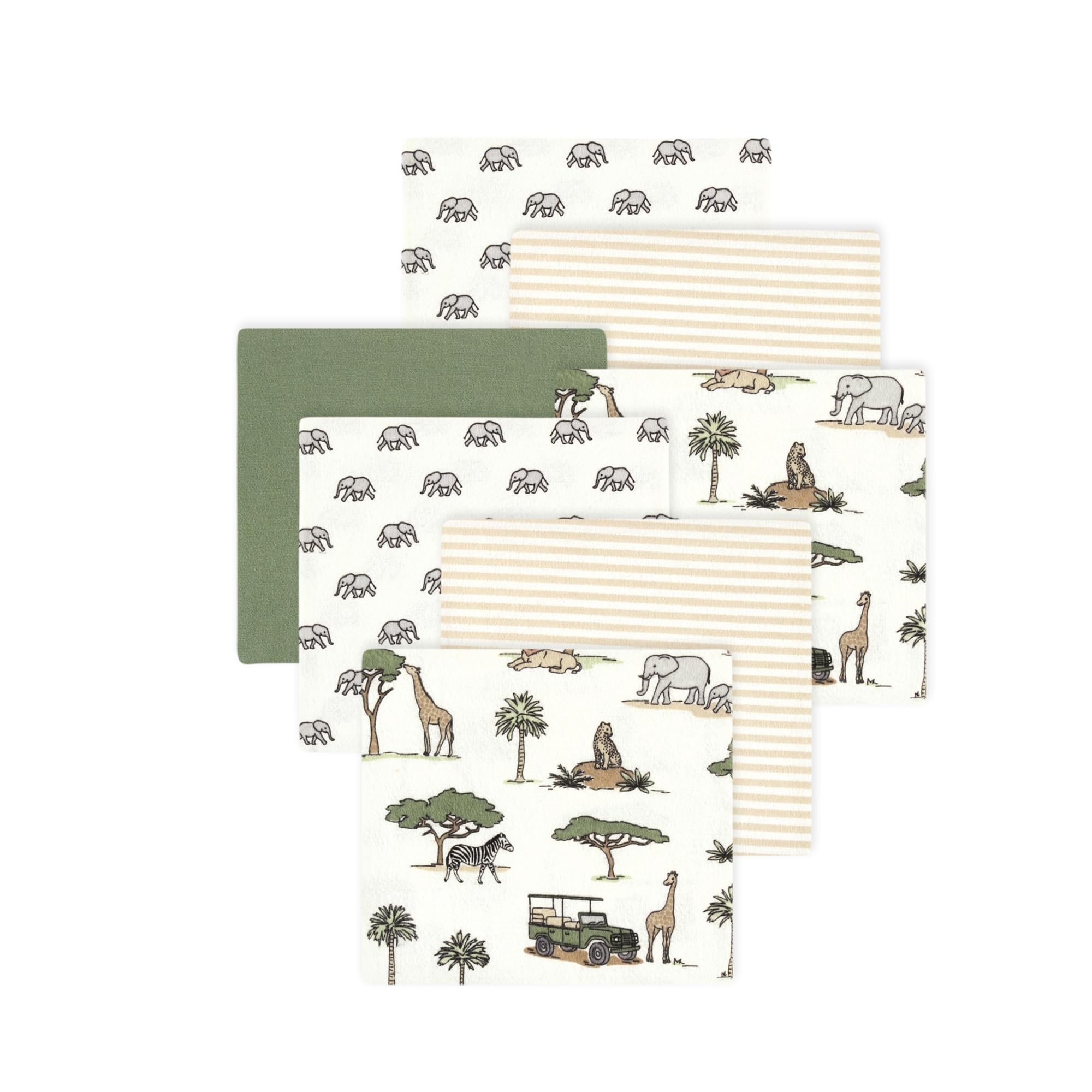 Little Treasure Hudson Baby Cotton Poly Flannel Receiving Blankets Multipack, Green Going On Safari, 30x30 inches