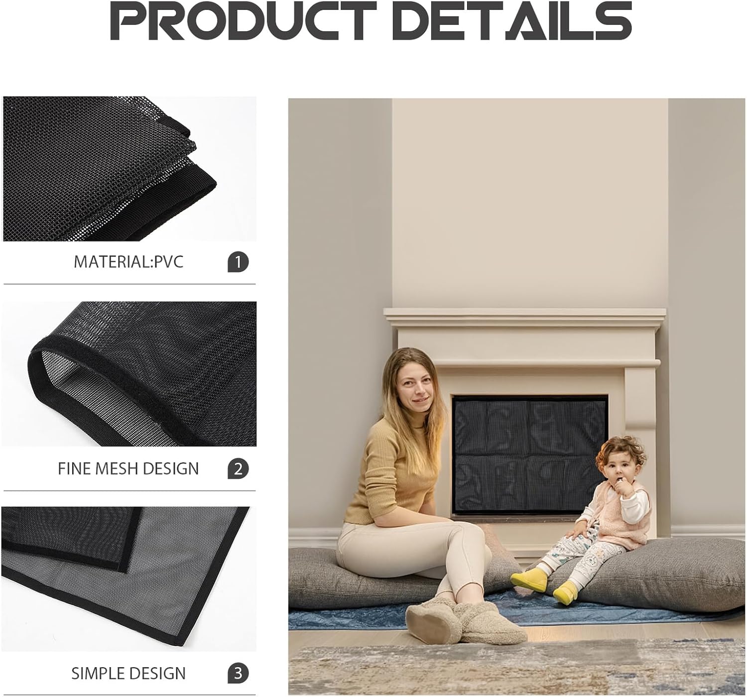 PRETYZOOM PVC Black Mesh Fireplace Screen Curtain Xin Heat Resistant Flame Resistant Panel for Pet Safety and Home Protection