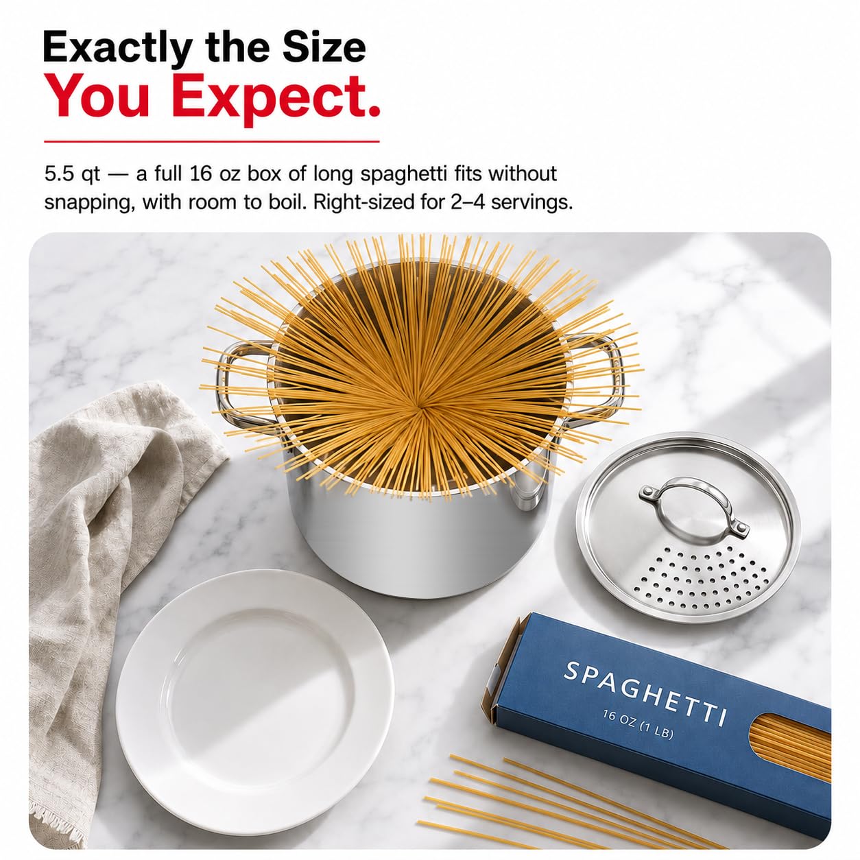 Olla para pasta de acero inoxidable con tapa de filtro de bloqueo, olla de cocina de gran capacidad de 5.5 cuartos de galón, gira y bloquea para un fácil drenaje y no necesita colador ni inserto de