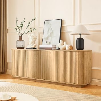 64" Fluted TV Stand,Mid Century Modern TV Console with 4 Door & Adjustable Shelf,TV Entertainment Center with Curved Profile Design,Long Storage Cabinet,Coffee Bar Cupboard for Living Room