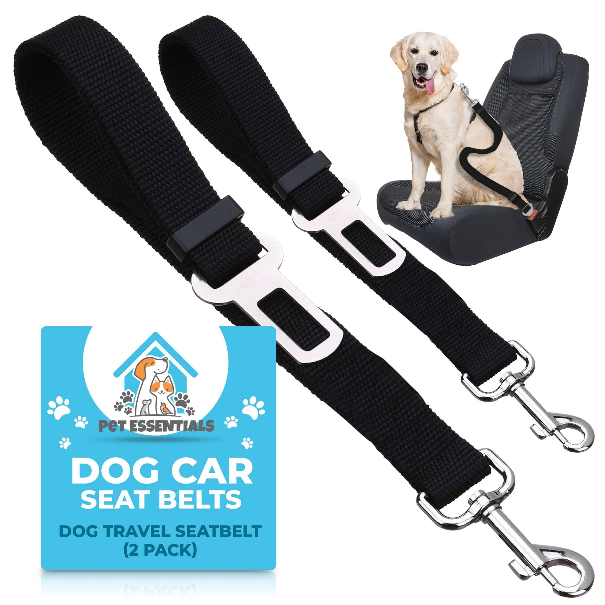 SOL 2pk Dog Car Seat Belts, 70cm Adjustable Seatbelt Harness Strap for Dogs, Durable Nylon with Secure Clip-On Design, Comfortable Pet Travel Gear, Snug Fit for Any Breed and Sizes, Easy to Install