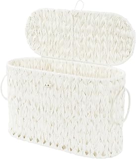 Coeusy Toilet Paper Basket with Lid, Wicker Basket for Bathroom Organizer | Hand-Woven Polypropylene, Rattan Toilet Paper Holder, Storage for 6 Mega Rolls with Handle, Boho Decorative Decor,Cream White