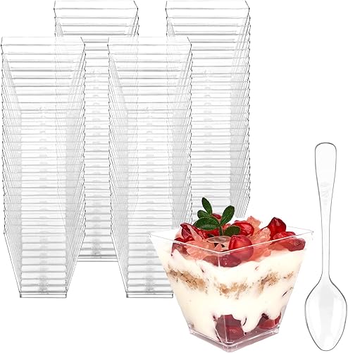 Paquete de 100 mini tazas de postre de 2 onzas con cucharas, tazas cuadradas de plástico transparente para aperitivos, tazas de parfait