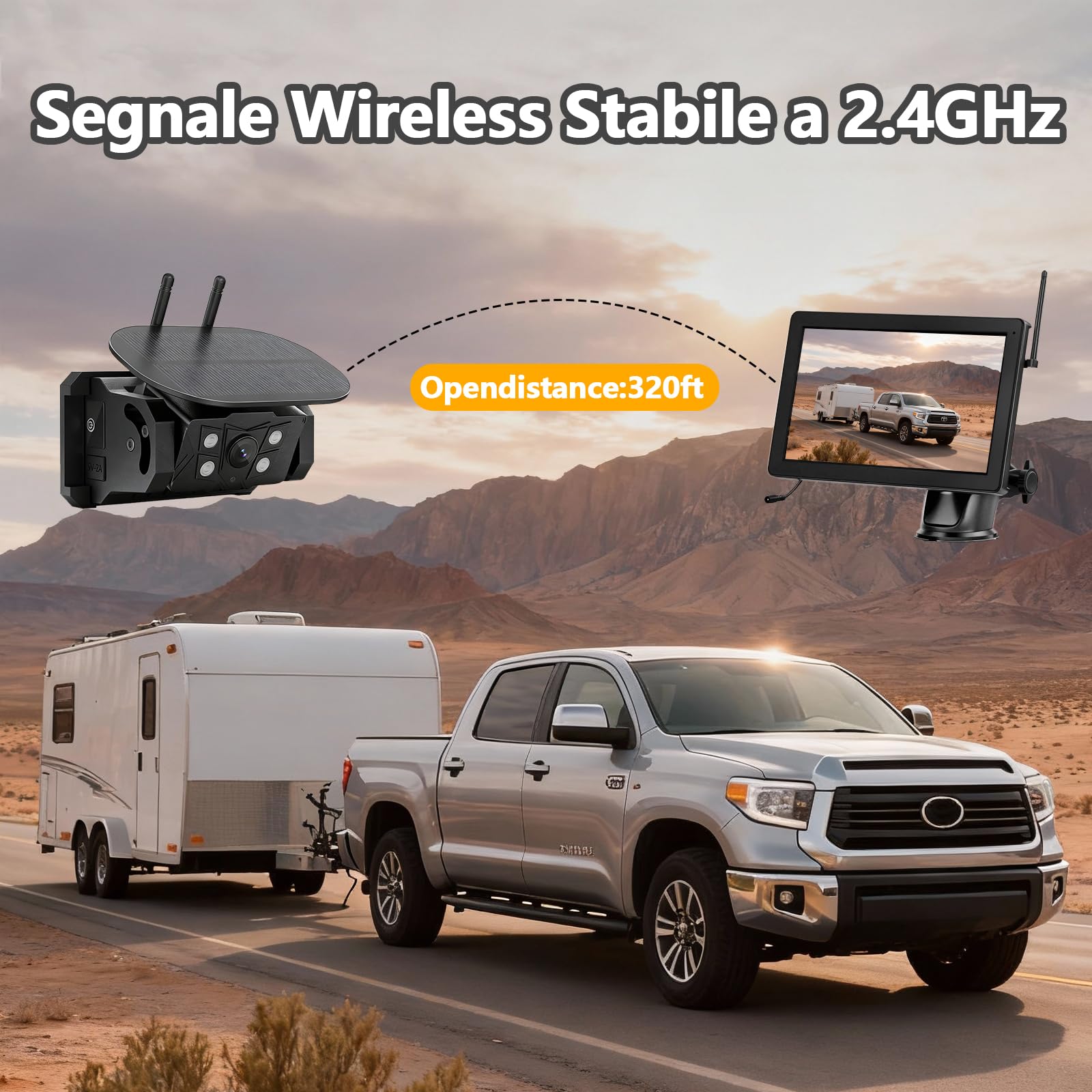 Solare Telecamera Retromarcia Wireless Magnetica, 7 Pollici 1080P Monitor 9600mAh Telecamera Posteriore, Visione Notturna, per Auto, Camion, Rimorchio, Camper(VS-7C)