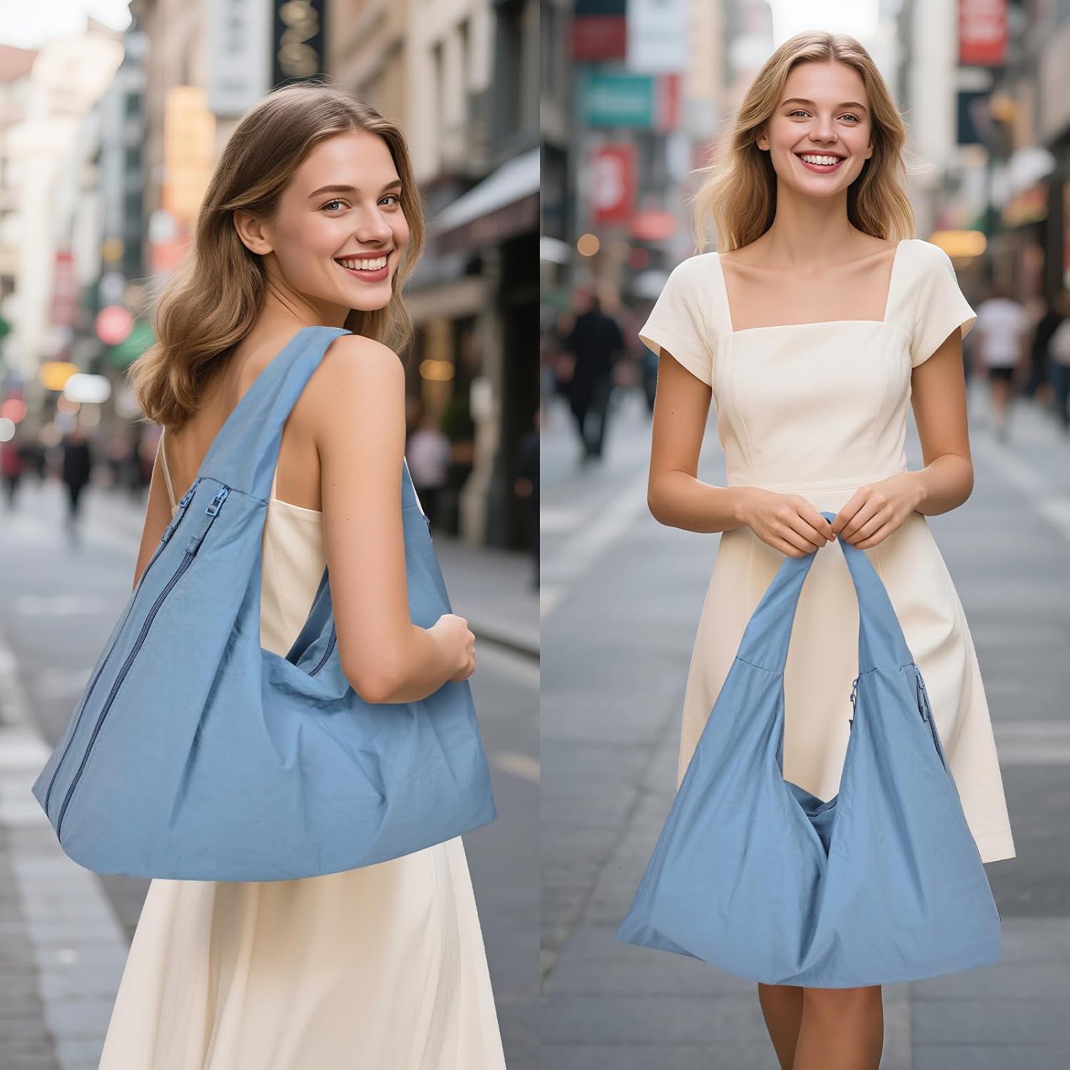 Slouchy Tote Bag Multipockets Nylon Purse Large Hobo Bags for Women Solid Color Crescent Handbag - Image 3