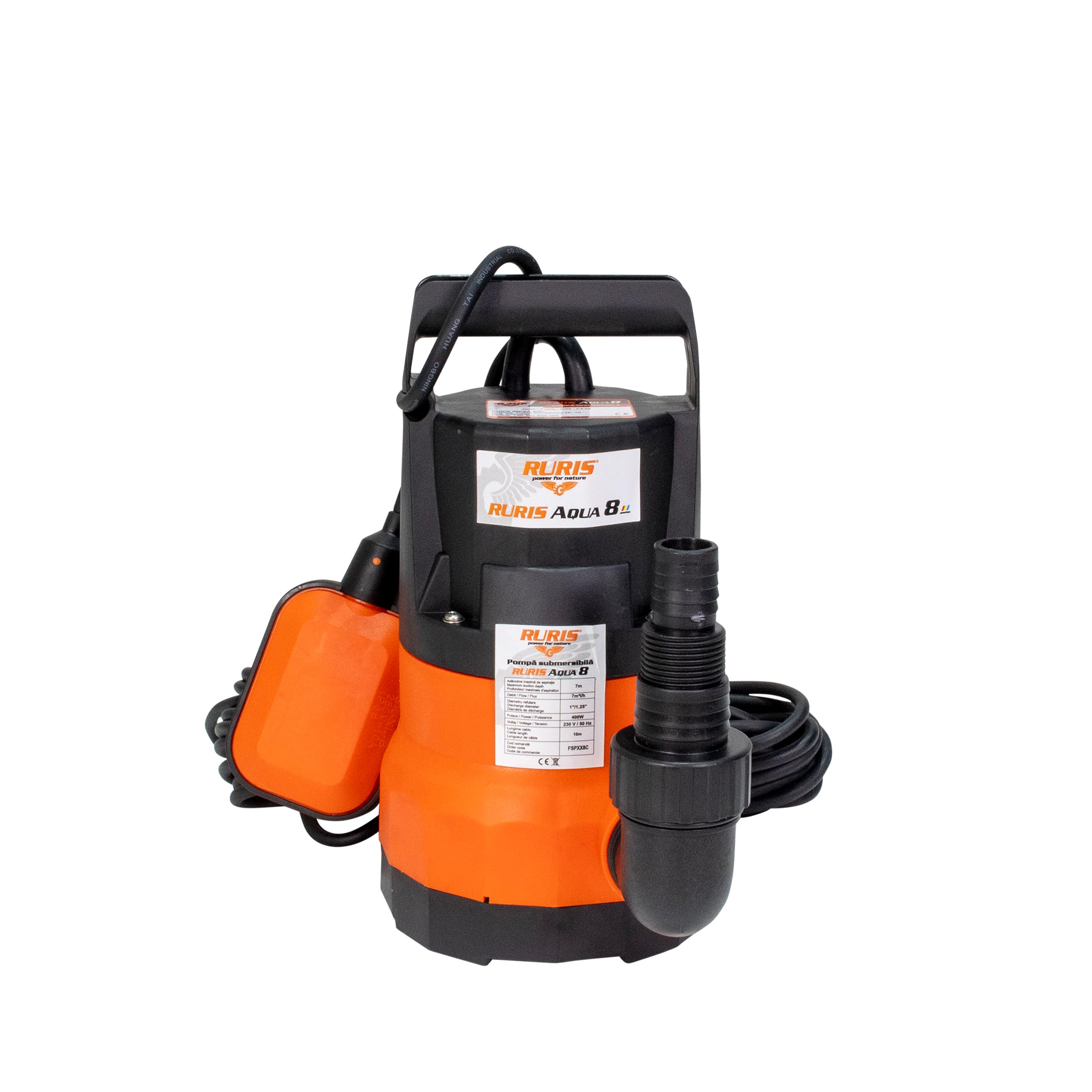 RURIS POWER FOR NATURE Aqua 8 - Pompe Submersible pour Eaux Claires 400W, Débit 7m³/h, Hauteur de Refoulement 7m, Avec Flotteur, Câble 10m, Idéale pour Puits, Cave, Piscine et Irrigation