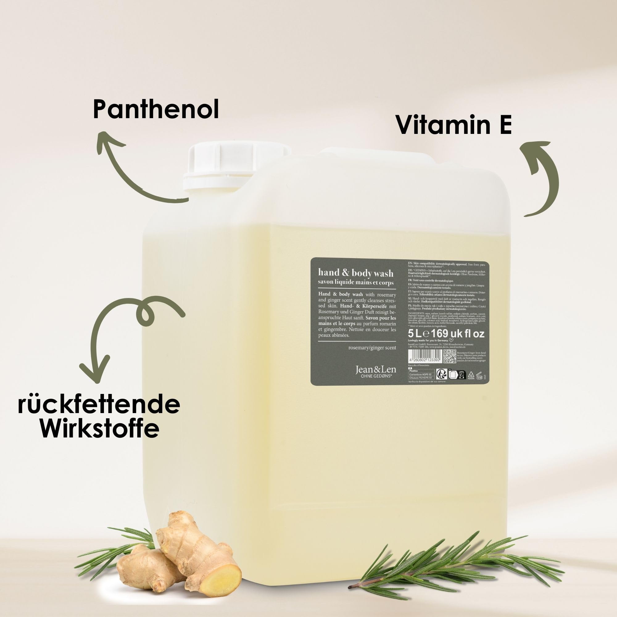 Jean & Len Hand & Body Wash Rosemary und Ginger im Kanister, reinigt und pflegt die Haut, würzig-frischer Duft, Flüssigseife im Nachfüllkanister, ohne Silikone, Parabene & Mikroplastik, 5L