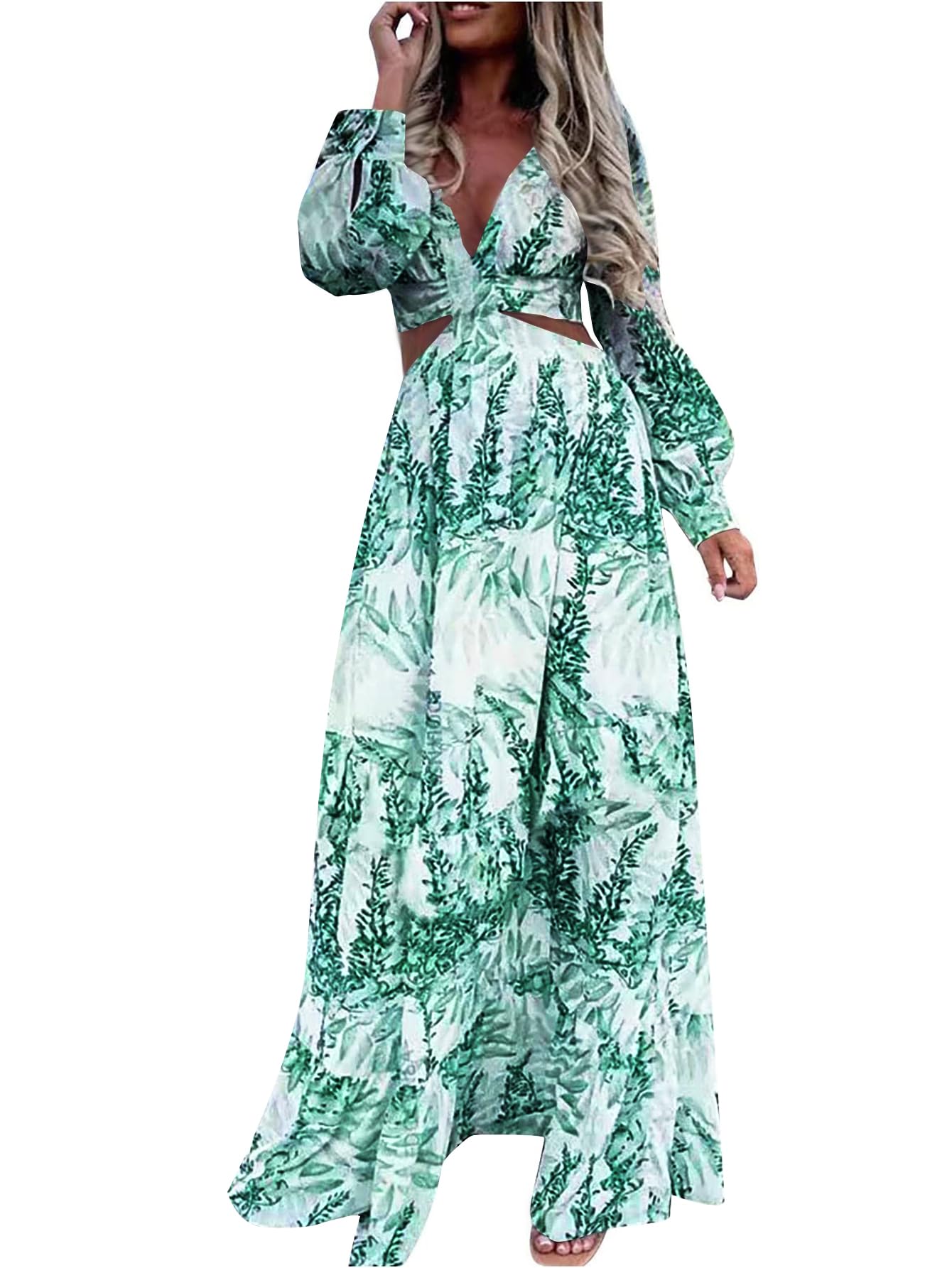LYANER Women's Print Deep V Neck Puff Long Sleeve Cut Out Side Flowy ...